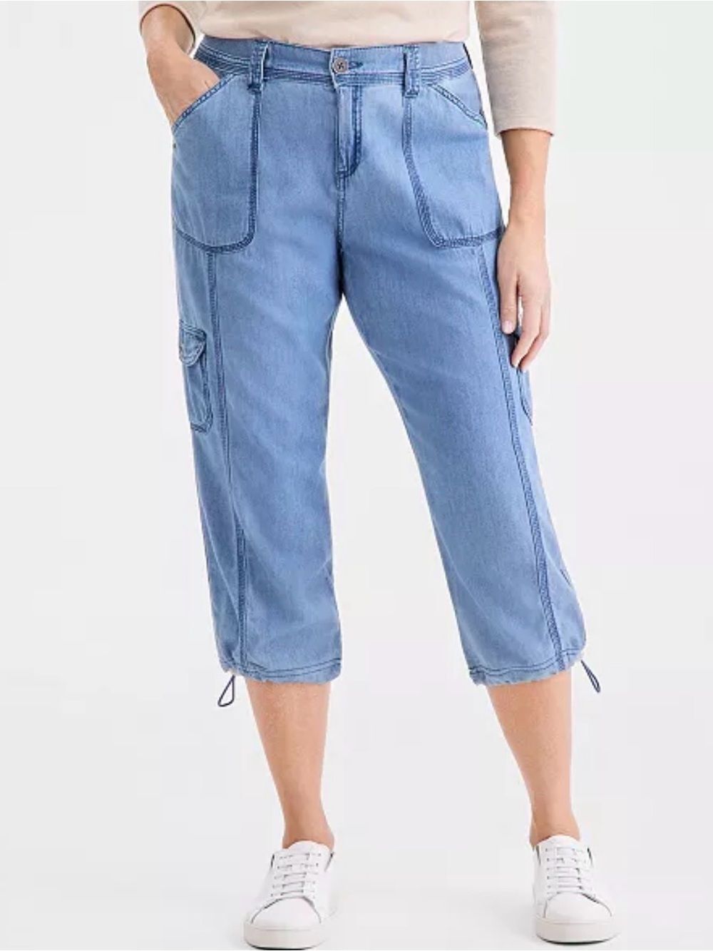 116- Style & Co Blue Petite Mid-Rise Cargo Capri Denim Pants Size 10P